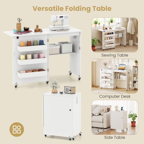 Giantex Folding Sewing Table with Charging Station, Storage Trays & Shelf | Rolling Craft Table with Lockable Wheels, Foldable Sewing Machine Cabinet Desk for Small Spaces, Dorms, White - color: White