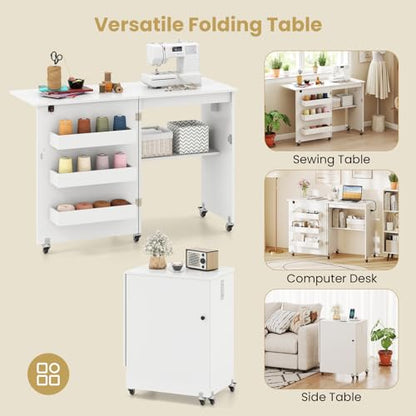 Giantex Folding Sewing Table with Charging Station, Storage Trays & Shelf | Rolling Craft Table with Lockable Wheels, Foldable Sewing Machine Cabinet Desk for Small Spaces, Dorms, White - color: White