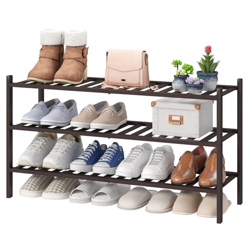viewcare Long Shoe Rack, Bamboo Wood Shoe Rack for Closet, Entryway & Hallway, 3-Tier Stackable Shoe Shelf - color: Brown, size: 3-Tier Long