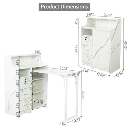 Fold Out Desk with Storage, Hidden Desk with Lockable Drawers & Shelves, Built-in Power Outlet,Folding Desk for Study and Home Office (Marble-Effect White) - color: Marble-effect White