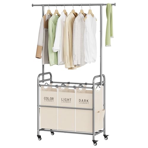 Laundry Hamper with Hanging Rack, Laundry Sorter 3 Section, Beige | 39 Gal Rolling Laundry Cart with Heavy Duty Lockable Wheels and Removable Bags for Laundry Room, Bedroom & Family - color: Beige, size: 3 bag