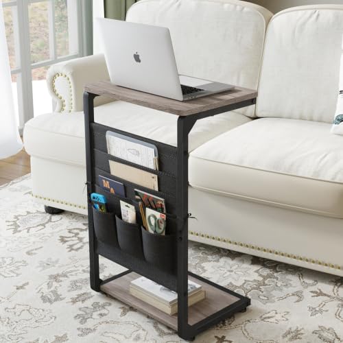 Couch End Tables Set of 2 Pack TV Trays Dinner Eating Tray Sofa Side Table Wood Pedestal TV Tables for Eating on Couch Side Trays that Slide Under Food Snack Small C Shaped Stand Living Room ET-P-GYW2 - color: Greige