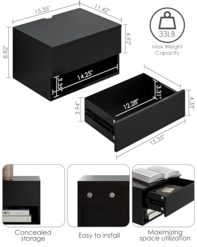Floating Nightstand, Small Modern Floating Nightstand with Drawer, Floating Shelves for Bedroom, Bathroom (Black) - color: Black