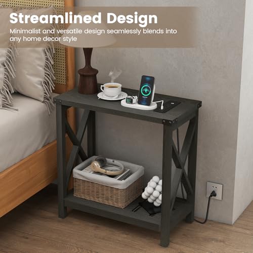 Hadulcet Farmhouse End Tables Living Room Set of 2 - Narrow Side Table with Charging Station, Slim Nightstand for Small Space, Skinny Bedside Table, Sofa Side Table with Storage Shelf, Black - color: Classic Black