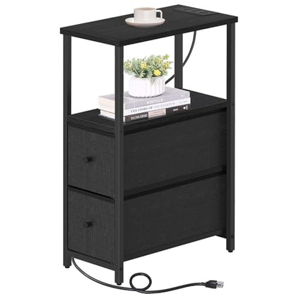 TUTOTAK Narrow End Table, Skinny Side Table with Charging Station | Bedside Table with Outlets, Slim Nightstand with 2 Cloth Drawers for Small Space, Living Room, Bedroom, Black TB01BK085 - color: Black, size: 1 Pack (2 Drawers), style: With Plug