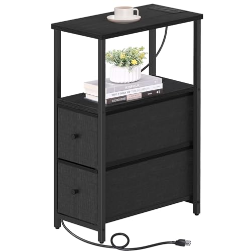 TUTOTAK Narrow End Table, Skinny Side Table with Charging Station | Bedside Table with Outlets, Slim Nightstand with 2 Cloth Drawers for Small Space, Living Room, Bedroom, Black TB01BK085 - color: Black, size: 1 Pack (2 Drawers), style: With Plug