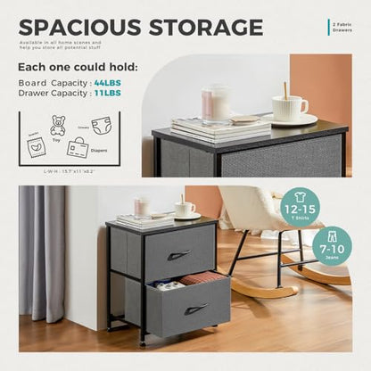 Grey Nightstand with Two Drawer Side Tables Living Room 2 Drawer Dresser Bedroom End Bedside Table Cabinet with Storage Night Stand, Wooden Top Metal Frame Handle, 20'' Tall