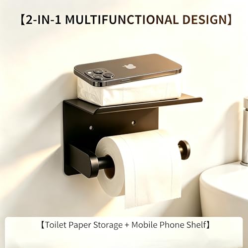 Stainless Steel Wall Mounted Toilet Paper Holder with Phone Stand - Bathroom Accessory for Mega Rolls (Matte Black)