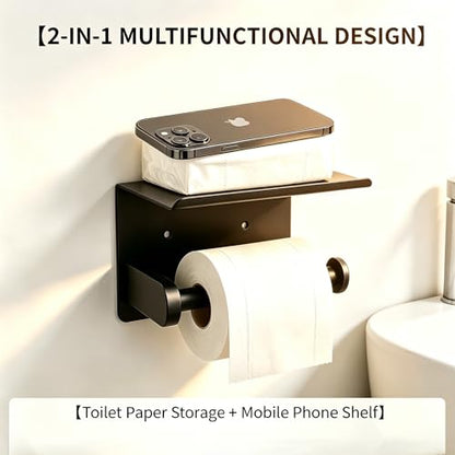 Stainless Steel Wall Mounted Toilet Paper Holder with Phone Stand - Bathroom Accessory for Mega Rolls (Matte Black)