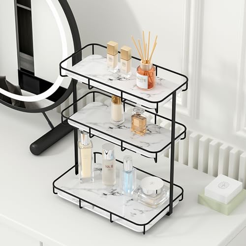 Bathroom Organizer Countertop Perfume Organizer Makeup Organizer Cosmetics Storage Display Rack Vanity Tray Dresser Stainless Steel Gold Shelf White Marble Ceramic Tray - color: 3 Tier Xl-black