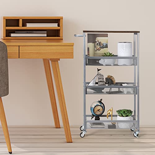 NANANARDOSO 4-Tier Slim Rolling Cart with Wood Top, Narrow Storage Organizer with Wheels & Handle for Kitchen Bathroom Laundry Room, Black, Silver. - size: 4 Tier(Silver)