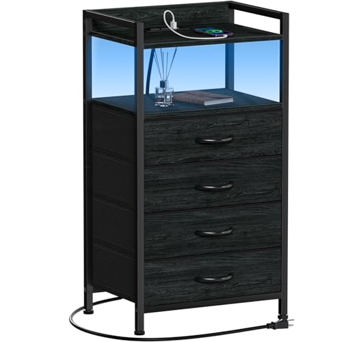 Furnulem Night Stand with Charging Station, Black Nightstand with Drawers and Led Light, Tall Dresser for Bedroom, Bedside Table with Fabric Storage Bins, Metal Frame, Wood Furniture - color: Black Oak