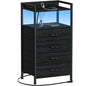 Furnulem Night Stand with Charging Station, Black Nightstand with Drawers and Led Light, Tall Dresser for Bedroom, Bedside Table with Fabric Storage Bins, Metal Frame, Wood Furniture - color: Black Oak