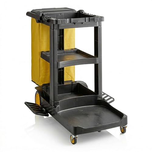 44” x 18” x 38” Black 3-Shelf Janitorial Cart Kit - Commercial Housekeeping Cart with Yellow Bag, Black Zippered Bag, Lid, Folding Handle for Hotels, Offices, Schools - 175 lb Capacity - size: Small (Black)