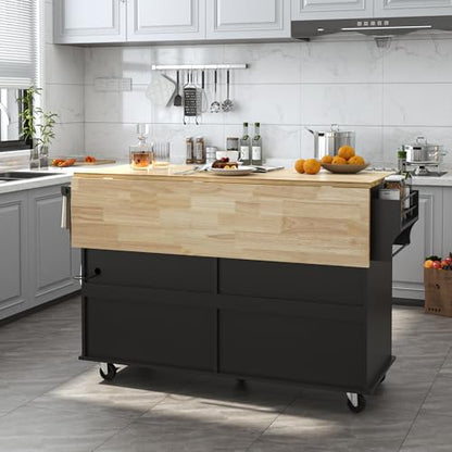 Squireewo 59" Kitchen Cart with Wood Top and Drop Leaf Breakfast Bar, Rolling Mobile Kitchen Island Table on Wheels with Drawer and Storage Cabinet, Spice Rack, Towel Rack, Black - size: 59"W
