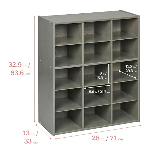 ECR4Kids Streamline 15 Cubby Tray Storage Cabinet, 5x3, Classroom Furniture, Grey Wash | Durable birch, GREENGUARD Gold Certified, 15 cubbies to store and organize supplies in a classroom, office, home playroom - color: Grey