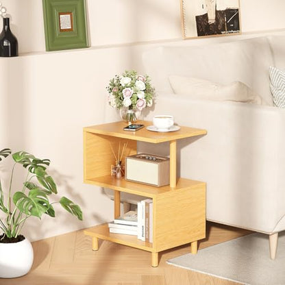 Apicizon S-Shaped Side Table, 3-Tier Nightstand with Solid Wood Legs, Slim Bedside Table with Storage Shelf, Modern End Table for Small Spaces, Bedroom, Living Room, Entryway, Natural - color: Natural