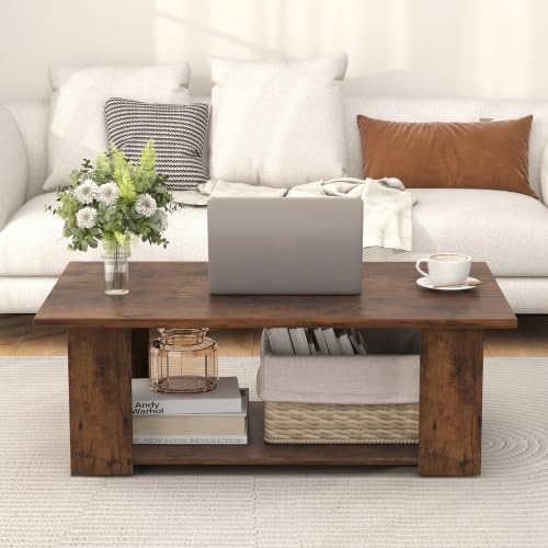 POWERSTONE 41 Inch 2-Tier Coffee Table with Storage Shelf, Wood Farmhouse Center Table with L Legs & Extra Bottom Support for Living Room, Rustic Brown - color: Rustic Brown