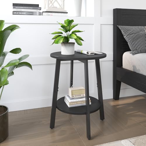 sthmec Side Table, Small Round End Table with Storage Shelf for Small Space, 2-Tier Black Bedside Table Sofa Couch Table, Round Accent Table Nighstands for Living Room, Bedroom, Black - color: Black