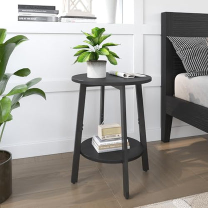 sthmec Side Table, Small Round End Table with Storage Shelf for Small Space, 2-Tier Black Bedside Table Sofa Couch Table, Round Accent Table Nighstands for Living Room, Bedroom, Black - color: Black