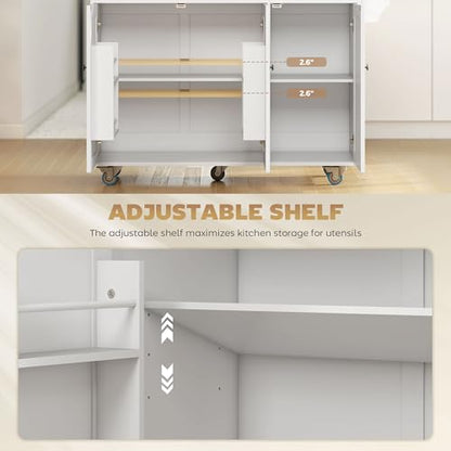 HOMCOM Kitchen Island with Drop Leaf and Power Outlet, Rolling Cart with Storage Cabinets, Solid Wood Island Table on Wheels for Kitchen with 3 Drawers, Towel Bars, Spice Rack, White - color: White