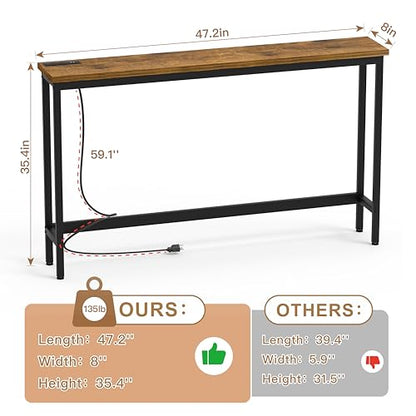 FAMIDGE Charging Console Table with Outlet 36 Inch Tall Narrow Sofa Table One-Piece Top Behind Couch Table 2 USB 2 AC for Entryway Hallway, Living Room, Rustic Brown - color: Brown