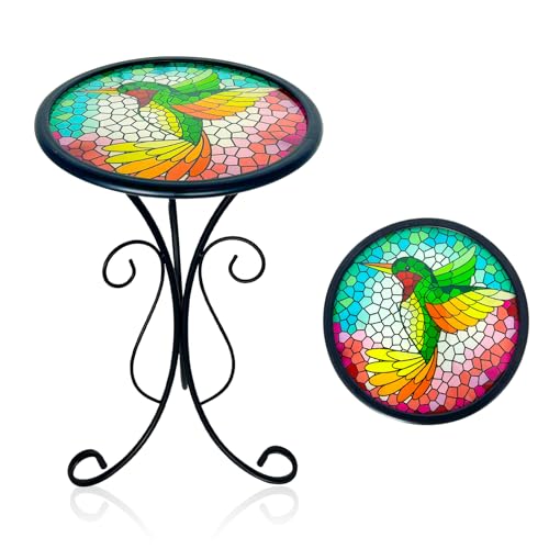 LIFFY Outdoor Side Table, 12" Glass Hummingbird Tabletop Patio Tables with Metal Frame, 21" Height Indoor Small Round Home Decorative Plant Stand Outside for Garden Patio Yard Porch - color: Hummingbird-12 Inches