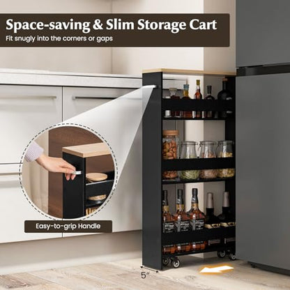 LOKO Slim Storage Cart, 4-Tier Rolling Cart with Handle & Wooden Top for Kitchen Bathroom Laundry Living Room Narrow Small Spaces, 5 Inches Width (Black & Natural) - color: Black & Natural