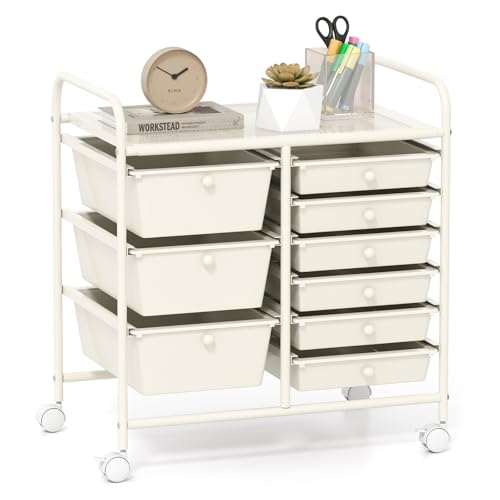 GOFLAME 9-Drawer Rolling Storage Cart, Mobile Utility Cart with Removable Drawers & Metal Frame, Art Craft Organizer Cart with Lockable Wheels, Storage Drawer Cart for Home Office School, White - color: White, size: 9 drawer-25"x14.5"x24.5"