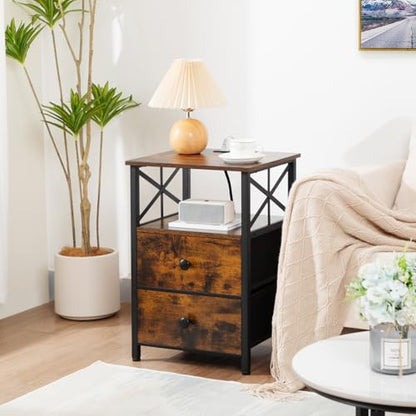 AMHANCIBLE Nightstands Set of 2, Large Night Stand with Charging Station | Bedside Table, 2 Fabric Drawers, End Side Tables Living Room, with Open Shelf, USB Ports Outlets, for Bedroom, Rustic Brown - color: Rustic Brown