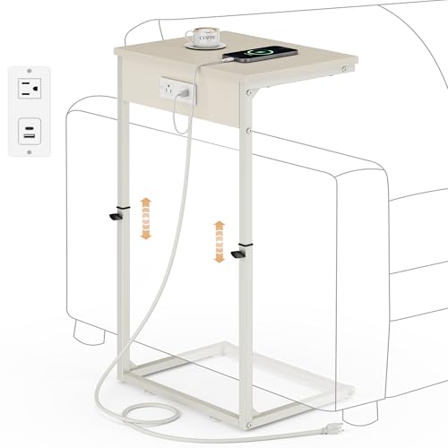 C Shaped End Table with Charging Station, Adjustable Height Side Table for Couch, Small Side Table, 33.2'' Tall Couch Tables that Slide Under, Tv Tray End Table for Living Room, Beige - color: Beige (1 Pack), style: With Plug