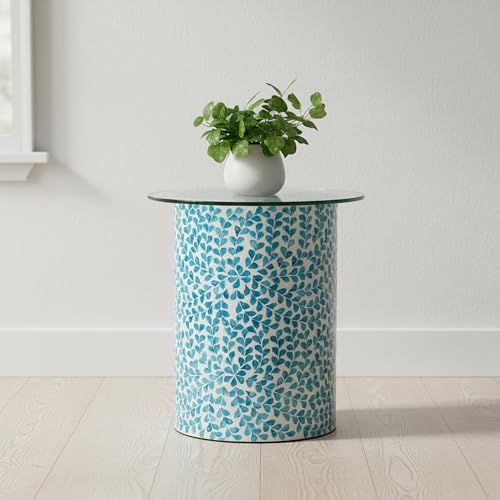 PEMAR Mother of Pearl Inlaid Cylinder Drum End Table Nacre Capiz Shell Side Table Stool Drum Accent Table Coffee Bedside Side Table Round Nightstand and Vanity Stool (Teal Floral) - color: Teal Floral