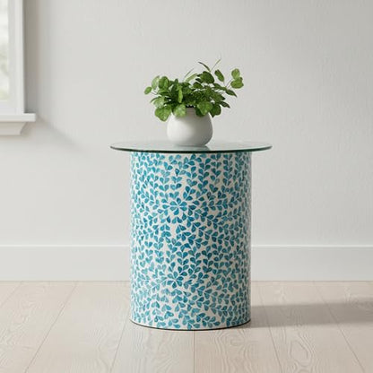 PEMAR Mother of Pearl Inlaid Cylinder Drum End Table Nacre Capiz Shell Side Table Stool Drum Accent Table Coffee Bedside Side Table Round Nightstand and Vanity Stool (Teal Floral) - color: Teal Floral