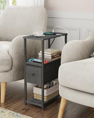 TUTOTAK Small Narrow End Table with Charging Station, Set of 2, Side Table with Outlets, Nightstand with Cloth Drawer, Couch Table, for Living Room, Bedroom, Bedside, Charcoal Grey TB01BY058 - color: Charcoal Grey, style: 1 Drawer & Plug