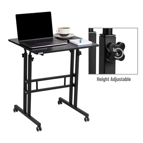 Mind Reader Standing Desk, Adjustable Height Laptop Workstation, Portable Rolling Desk on Wheels, Two-Tier Metal Frame, Black - color: Black