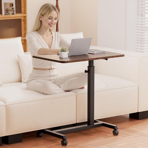 GTPLAYER Small Standing Desk, 24 Inches Foldable Mobile Rolling Laptop PC Table with Lockable Casters, Adjustable Height Overbed Bedside Table Computer Workstation for Home Office, Walnut-Foldable - color: Walnut-foldable