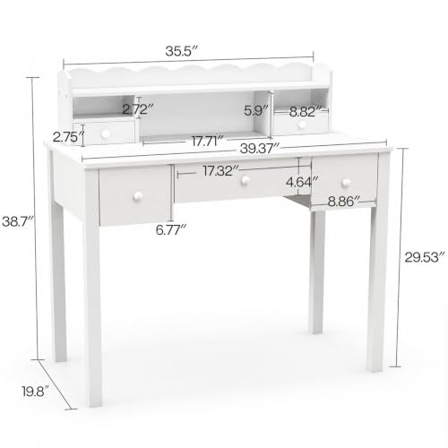FUNKOCO White Writing Desk with Hutch & 5 Drawers - 40 Inch Modern Computer Workstation for Home Office, Teen Desk, Small Study Desk, Ideal for Gift - color: 3-large White