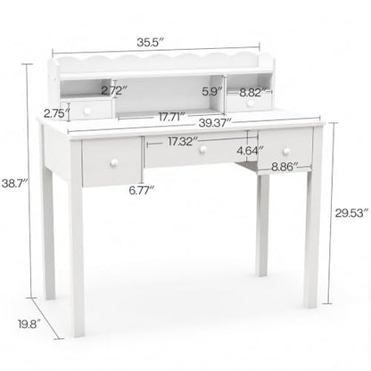 FUNKOCO White Writing Desk with Hutch & 5 Drawers - 40 Inch Modern Computer Workstation for Home Office, Teen Desk, Small Study Desk, Ideal for Gift - color: 3-large White