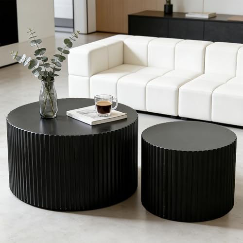 Black Nesting Coffee Table Set of 2 Modern Round Fluted Coffee Table Small Round End Table Side Table Circular Coffee Tables Circle Nested Coffee Tables for Living Room (Black Large) - color: Black Large