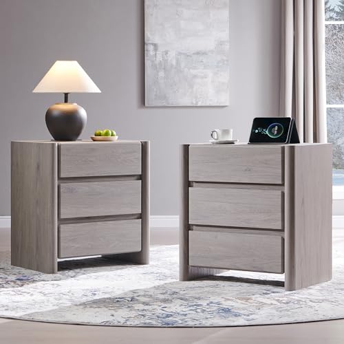 25" Tall Modern Nightstand Set of 2, 23.6" W Night Stand with Charging Station & 3 Handleless Storage Drawers, Wood Nightstands w/Rounded Corner Design for Bedroom(Light Grey) - color: Grey, size: 3 Drawers