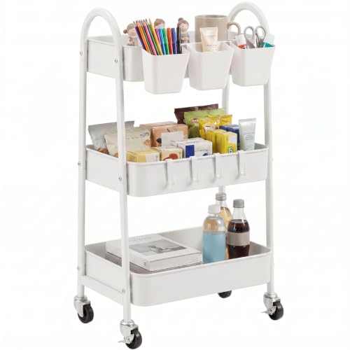 3-Tier Rolling Cart, Utility Cart Mobile Metal Rolling Storage Cart with Lockable Wheels & Hanging Cups & Hooks for Kitchen, Bathroom, Office, Workshop, White - color: White, size: 3 tier