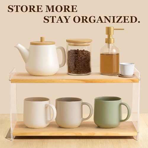 2-Tier Coffee Station Organizer, Acrylic & Pine Wood Mug Holder for Coffee Bar & Matcha Station, Easy-to-Clean Countertop Shelf, Modern Minimalist Design