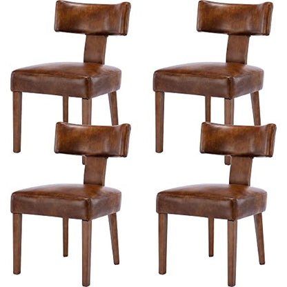 RIVOVA Set of 4 Mid Century Modern Dining Chairs, Farmhouse PU Leather Upholstered Dining Room Chairs Kitchen Chairs Side Armless Chairs with Curved Backrest Wood Legs, Brown - color: Brown Curved