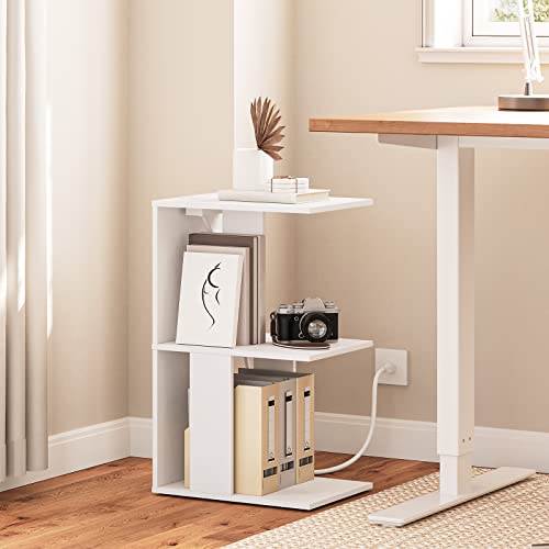 MAHANCRIS End Table with Charging Station, C-Shaped White Side Table, Thin Nightstand with Storage, Bedside Table for Small Spaces, End Tables Living Room, Bedroom, Easy Assembly, ETWT18E01Z - color: White