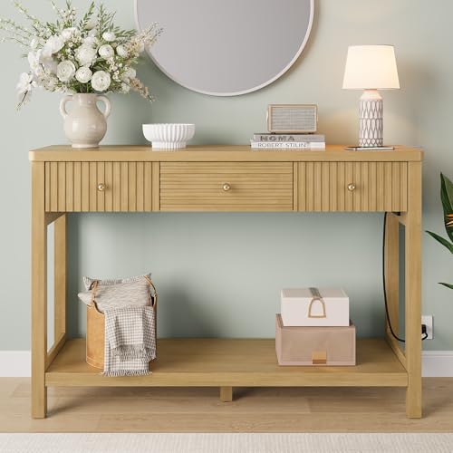 47 Inch Fluted Console Table with Outlets and USB-C Port, Mid Century Modern Sofa Table with 3 Drawers and Open Shelf, Entryway Table with Charging Station for Behind Couch, Hallway, Foyer, Oak