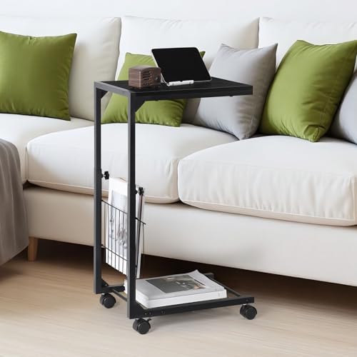C Shaped End Table Small Side Table with Wheels Slide Under Couch Table for Sofa Adjustable Height C Table with Metal Frame for Living Room Bedroom Bedside, Black - color: Black