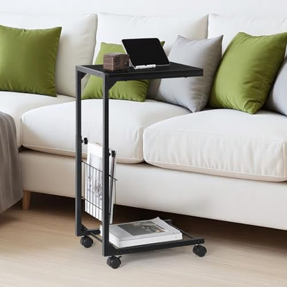 C Shaped End Table Small Side Table with Wheels Slide Under Couch Table for Sofa Adjustable Height C Table with Metal Frame for Living Room Bedroom Bedside, Black - color: Black