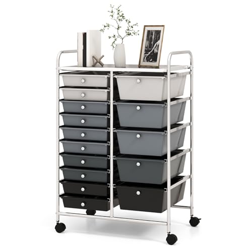 DREAMADE Rolling Cart with 15 Drawers, Rolling Drawer Organizer Cart w/Lockable Wheels, Removable & 2-Sized Storage Drawers, Art Cart for School Home Art Supplies Crafts File Scrapbook (Mixed-black) - color: Mixed Black, size: 25"L x 14.5"W x 34.5"H