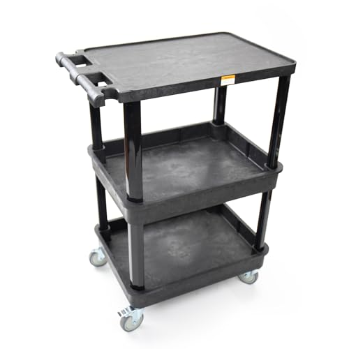 Pearington 3-Shelf Multipurpose Mobile Utility Cart with 2 Bins and Lockable Wheels, Heavy-Duty Plastic Rolling Presentation Cart for Offices and Warehouses, Black - size: 3 Bin Shelves