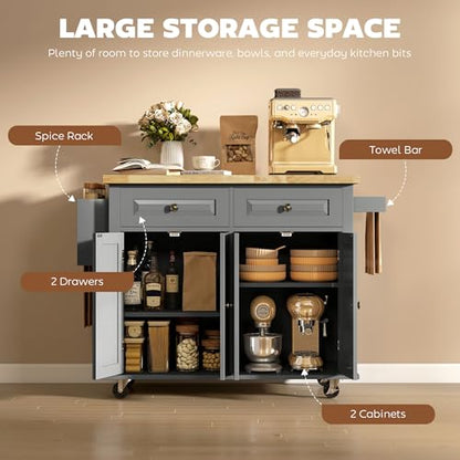 HOMCOM Kitchen Island Cart with Rubber Wood Top, Rolling Kitchen Island Table on Wheels with Drawers, Adjustable Shelves, Spice Rack and Towel Rack for Dining Room, Gray - color: Grey